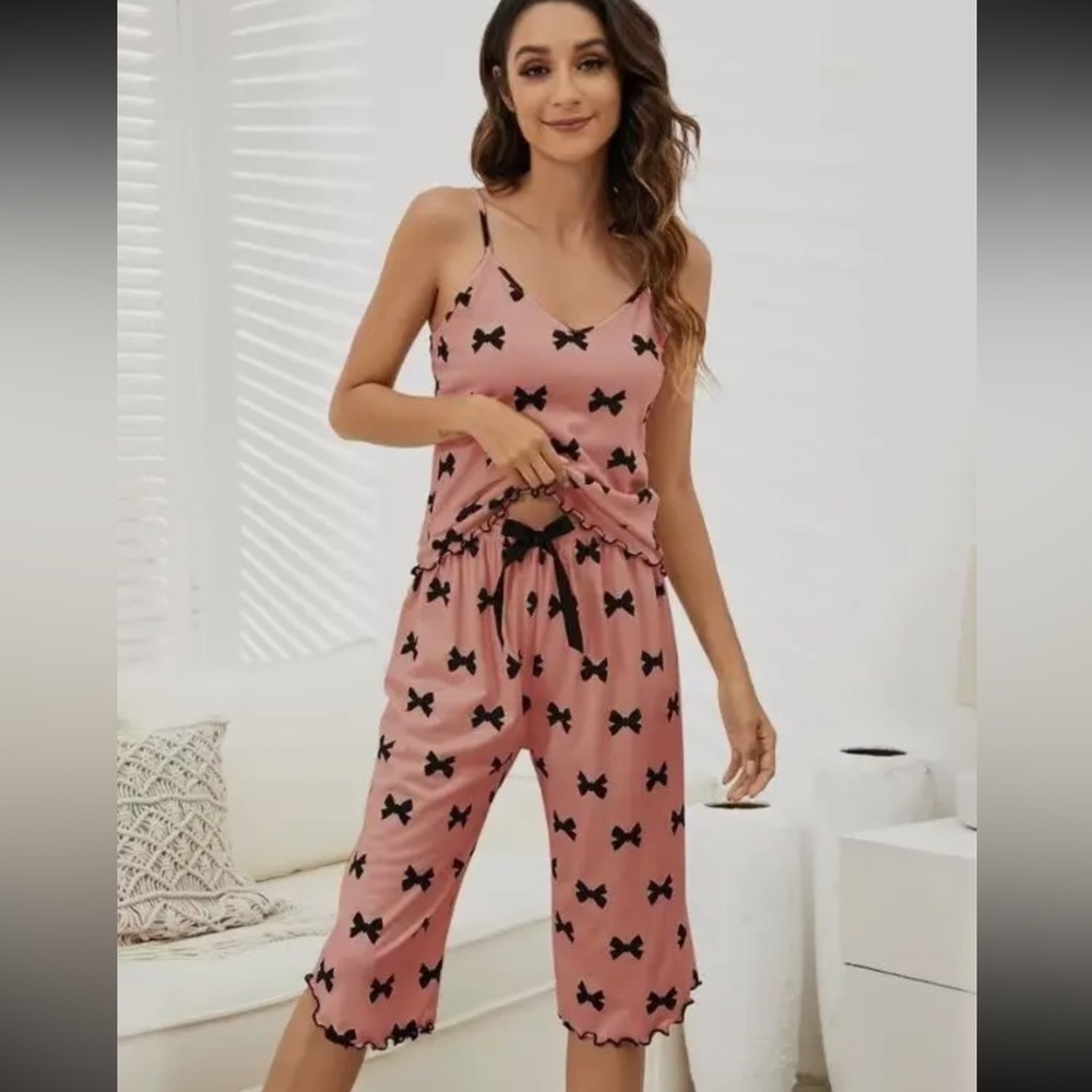 Pink Bow and Ribbon Pajama Tank Top And Cropped Pants Set
